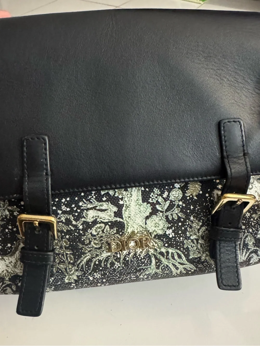 Dior Black leather Messenger Bag with Gold Magical Print and Logo Strap